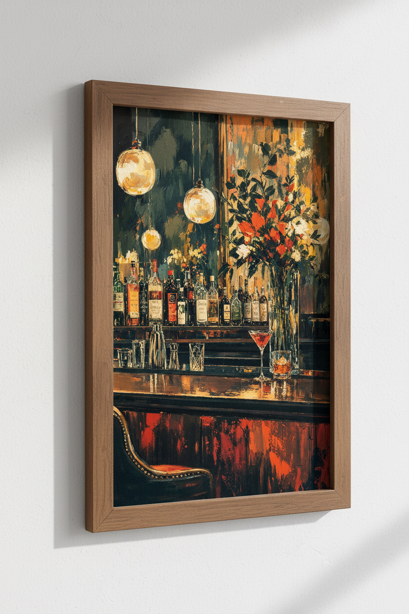 Abstract Bar Scene | Oil Painting Style Cocktail Decor, Moody Lounge Wall Art