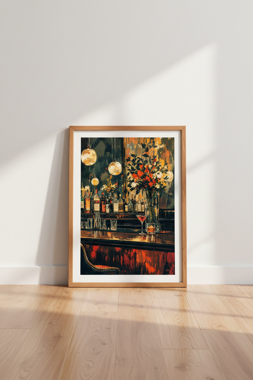 Abstract Bar Scene | Oil Painting Style Cocktail Decor, Moody Lounge Wall Art