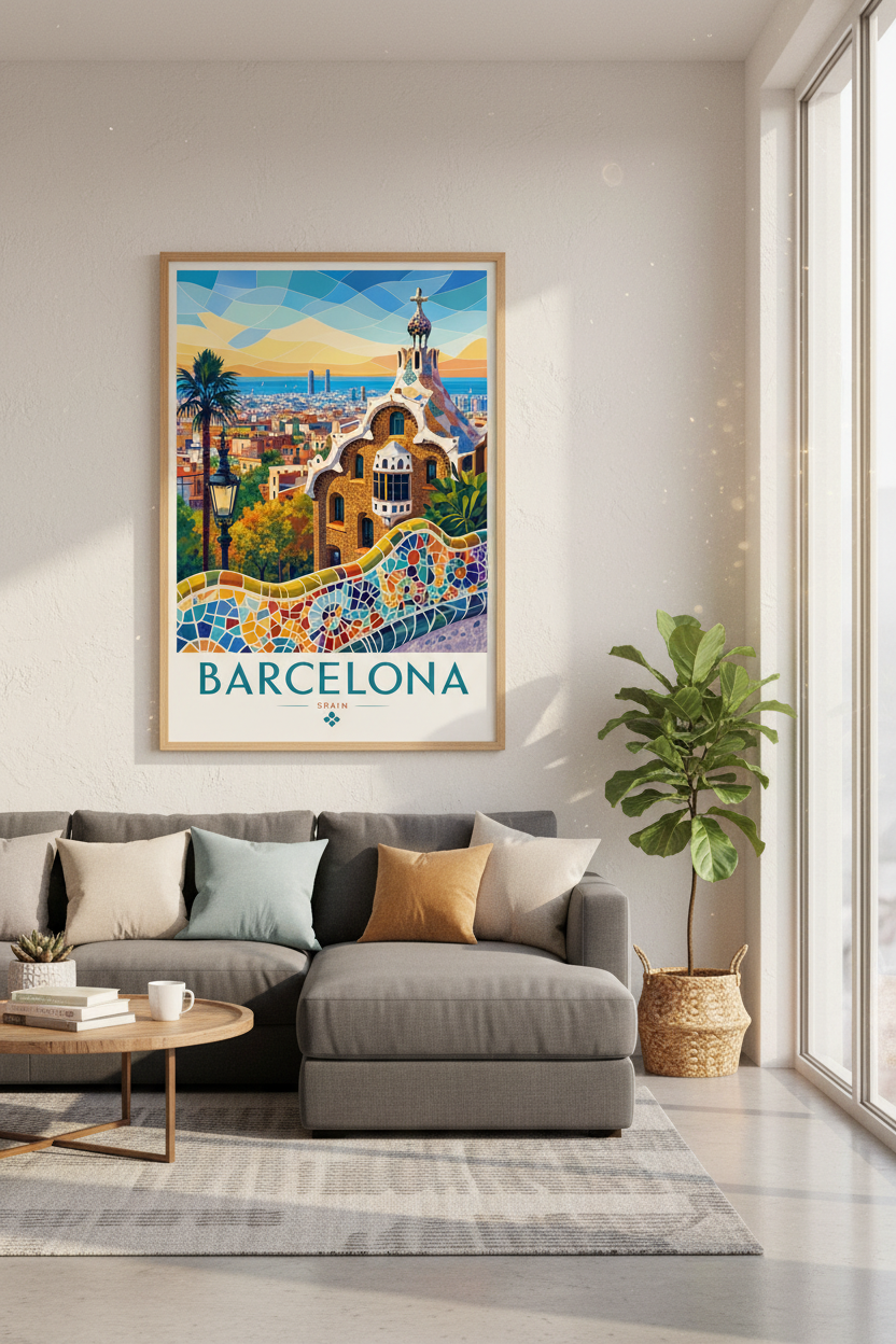 Barcelona Park Guell Wall Art | Spain Travel Poster, Mosaic Architecture Decor