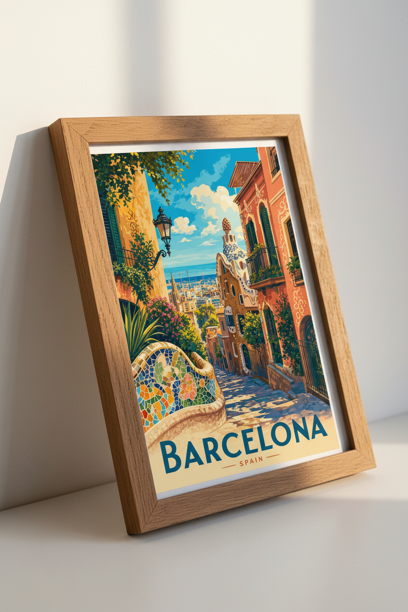 Barcelona Spain Travel Poster | Park Guell Mosaic Art | Mediterranean Wall Decor