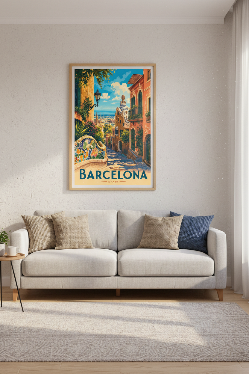 Barcelona Spain Travel Poster | Park Guell Mosaic Art | Mediterranean Wall Decor