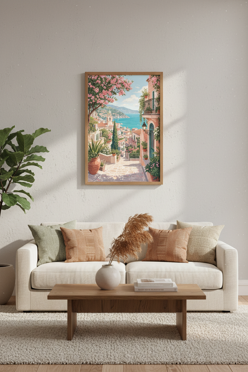 Amalfi Coast Village Art | Italian Coastal Flower Poster, Mediterranean Decor