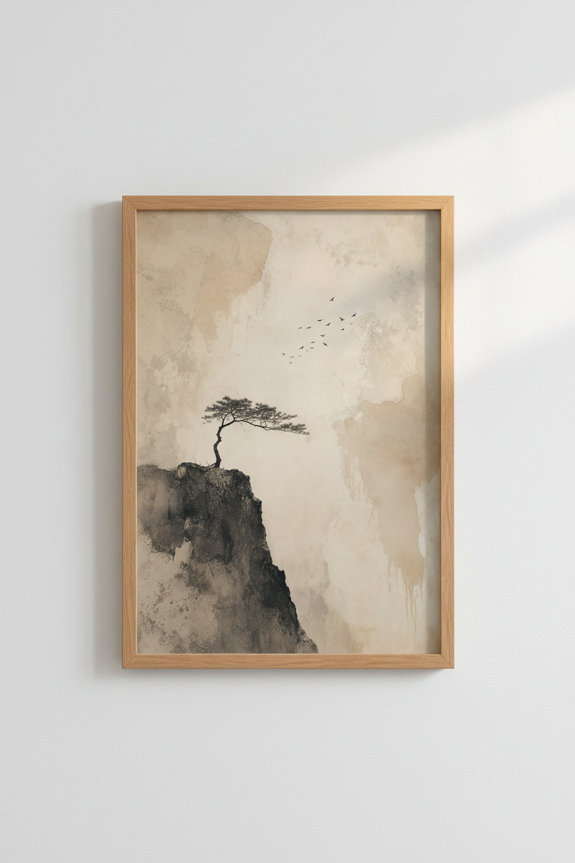 Zen Japanese Wall Art Print | Minimalist Pine Tree Landscape | Wabi Sabi Poster