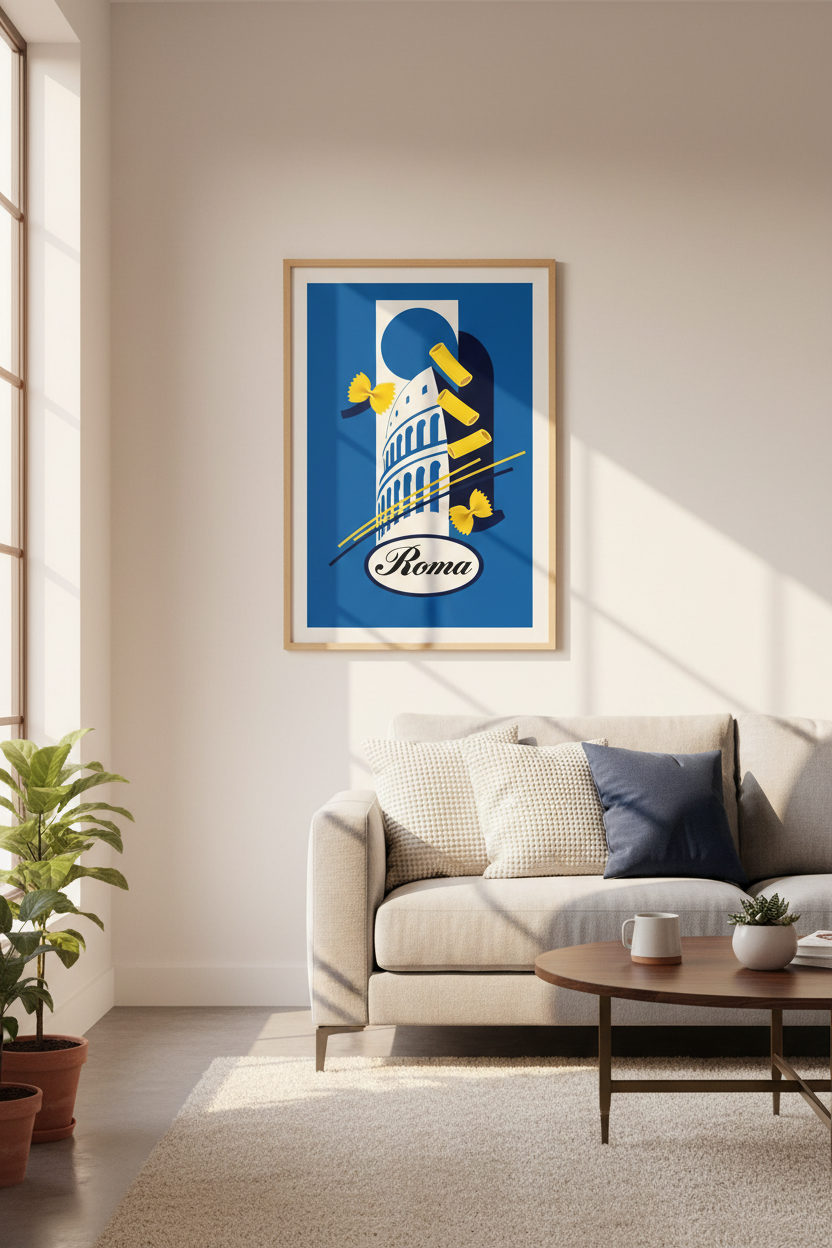 Rome Pasta Travel Wall Art Print | Kitchen Dining Decor | Blue Italian Poster