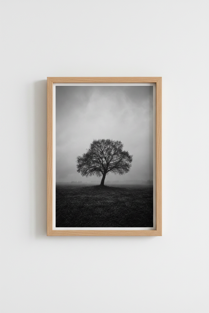 Nature Landscape Print | Black and White Lone Tree Poster, Minimalist Foggy Wall Art