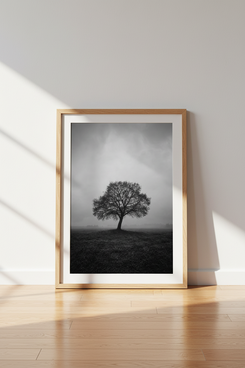 Nature Landscape Print | Black and White Lone Tree Poster, Minimalist Foggy Wall Art