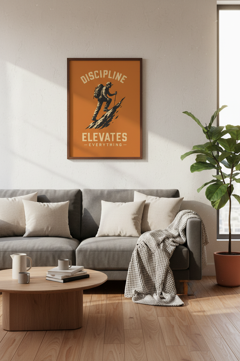 Discipline Elevates Everything Wall Art | Home Office Decor | Retro Hiking Poster