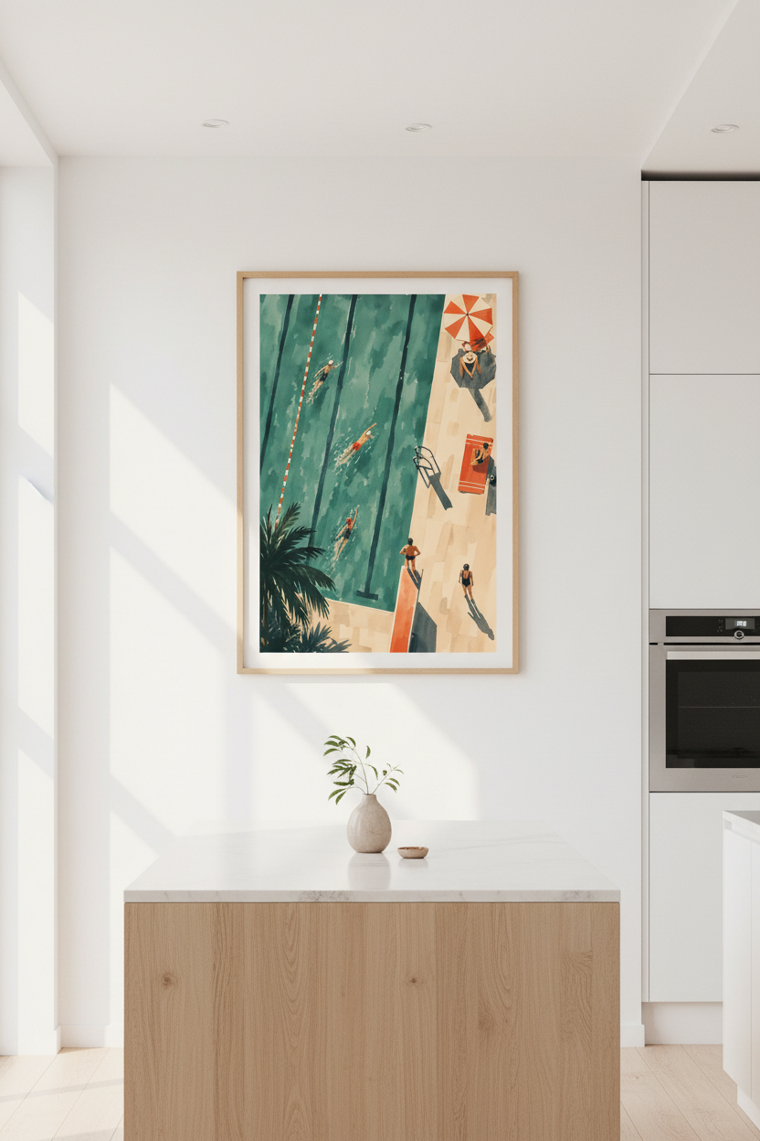 Swimming Pool Art Print | Retro Watercolor Teal Decor, Tropical Summer Poster
