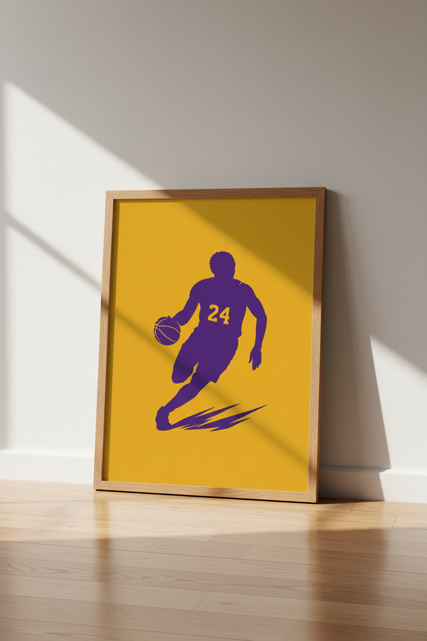Basketball Legend Silhouette Wall Art | Purple & Gold Minimalist Poster, Man Cave Decor