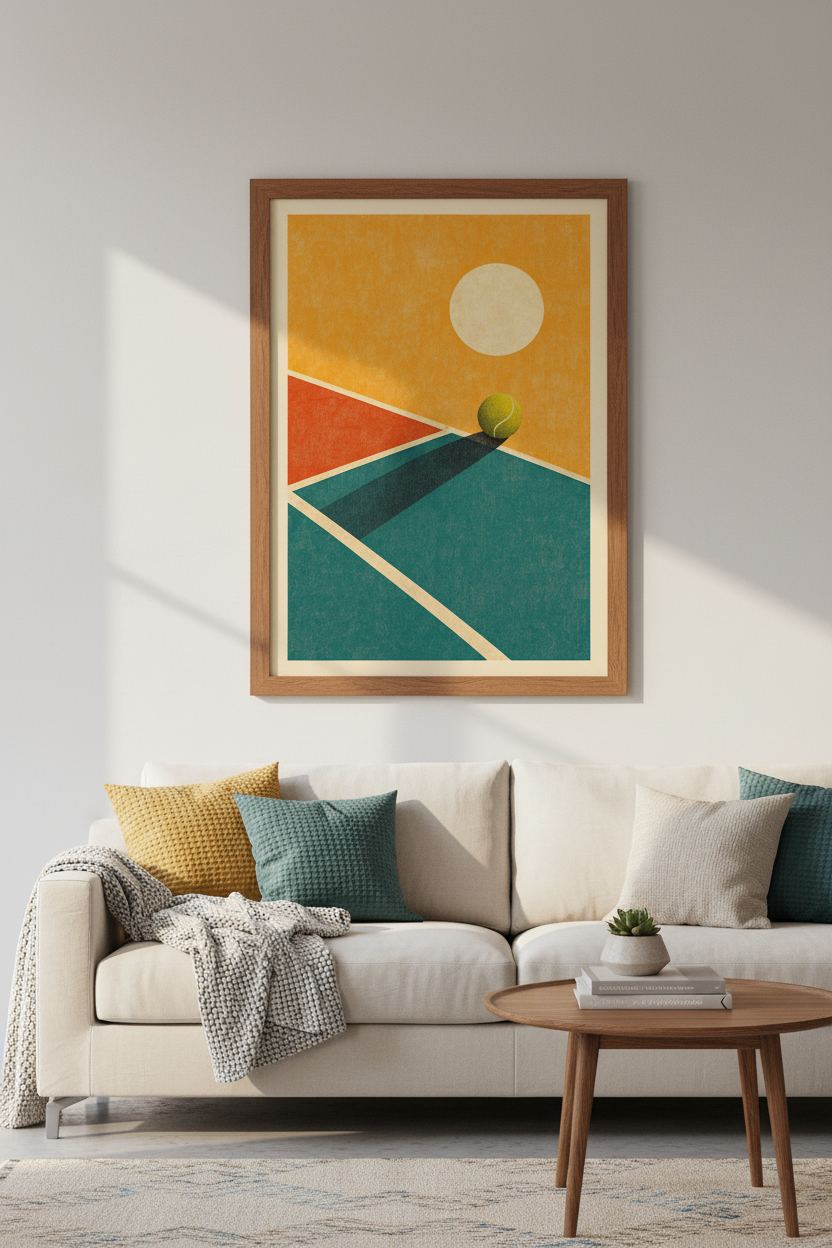 Abstract Tennis Court Wall Art | Retro Minimalist Sport Poster, Living Room Decor