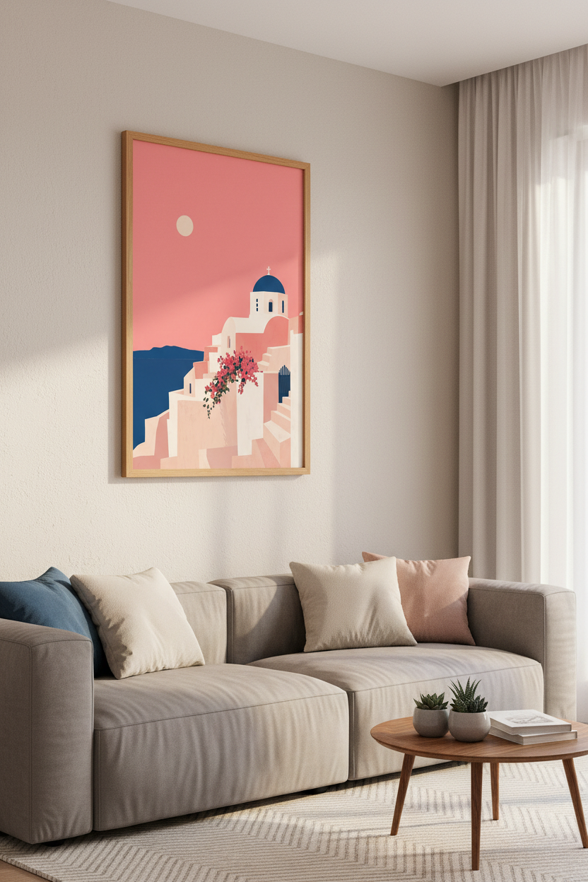 Santorini Greece Wall Art | Pink Sunset Scenery, Mediterranean Minimalist Poster