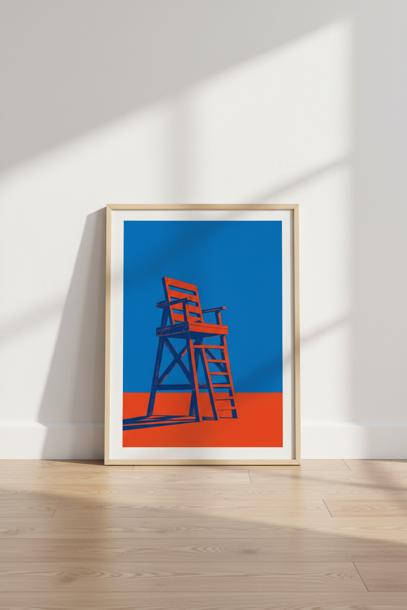 Modern Lifeguard Chair Art | Bold Orange & Blue Coastal Decor | Minimalist Poster