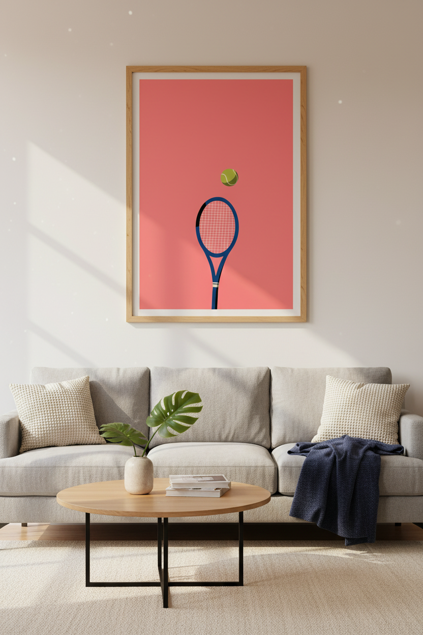 Minimalist Tennis Racket Print | Modern Pink Sports Decor | Aesthetic Wall Art