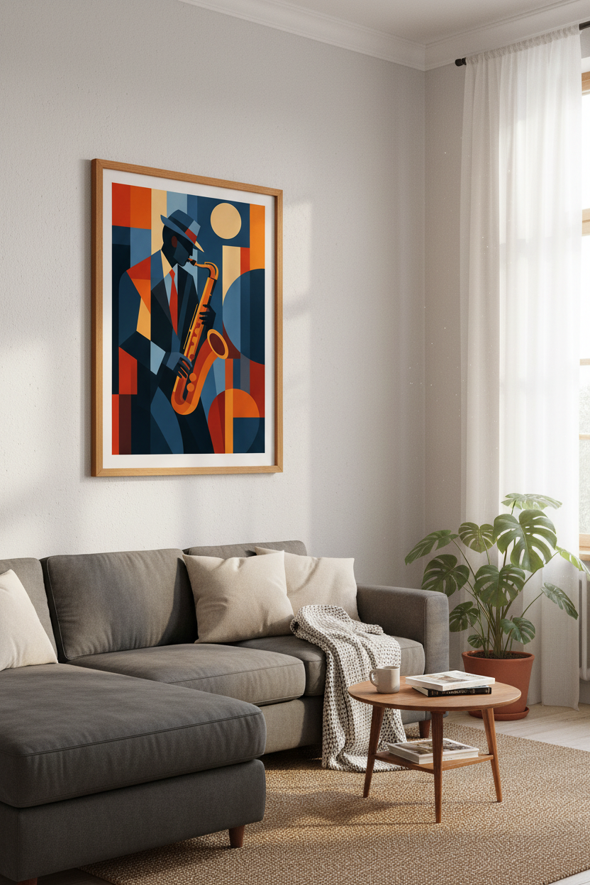 Abstract Jazz Saxophone Wall Art | Mid Century Modern Decor | Blue Orange Poster