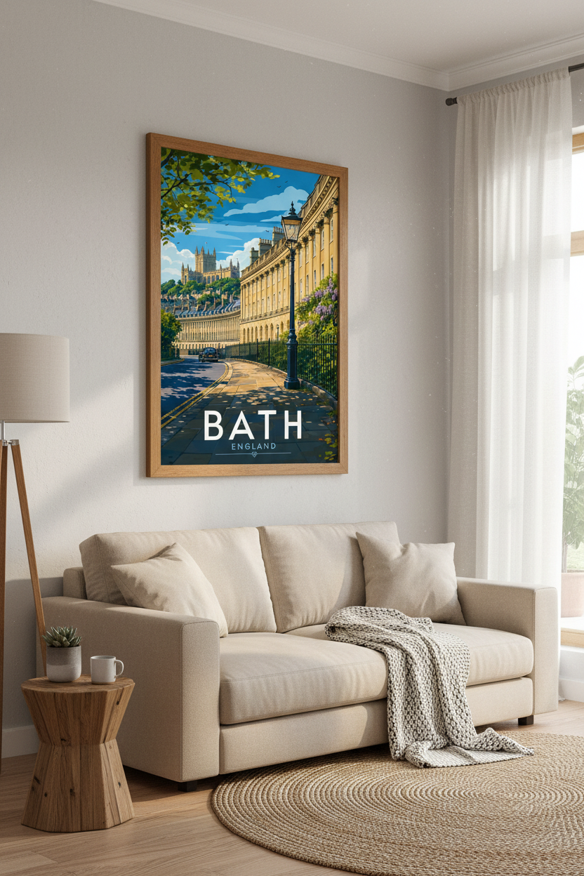 Bath England Travel Poster | Royal Crescent Architecture, British City Wall Art