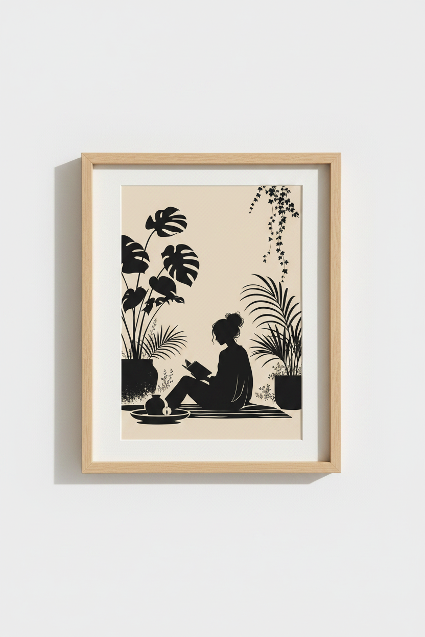 Reading Girl Silhouette | Minimalist Botanical Black & Beige, Reading Nook Decor