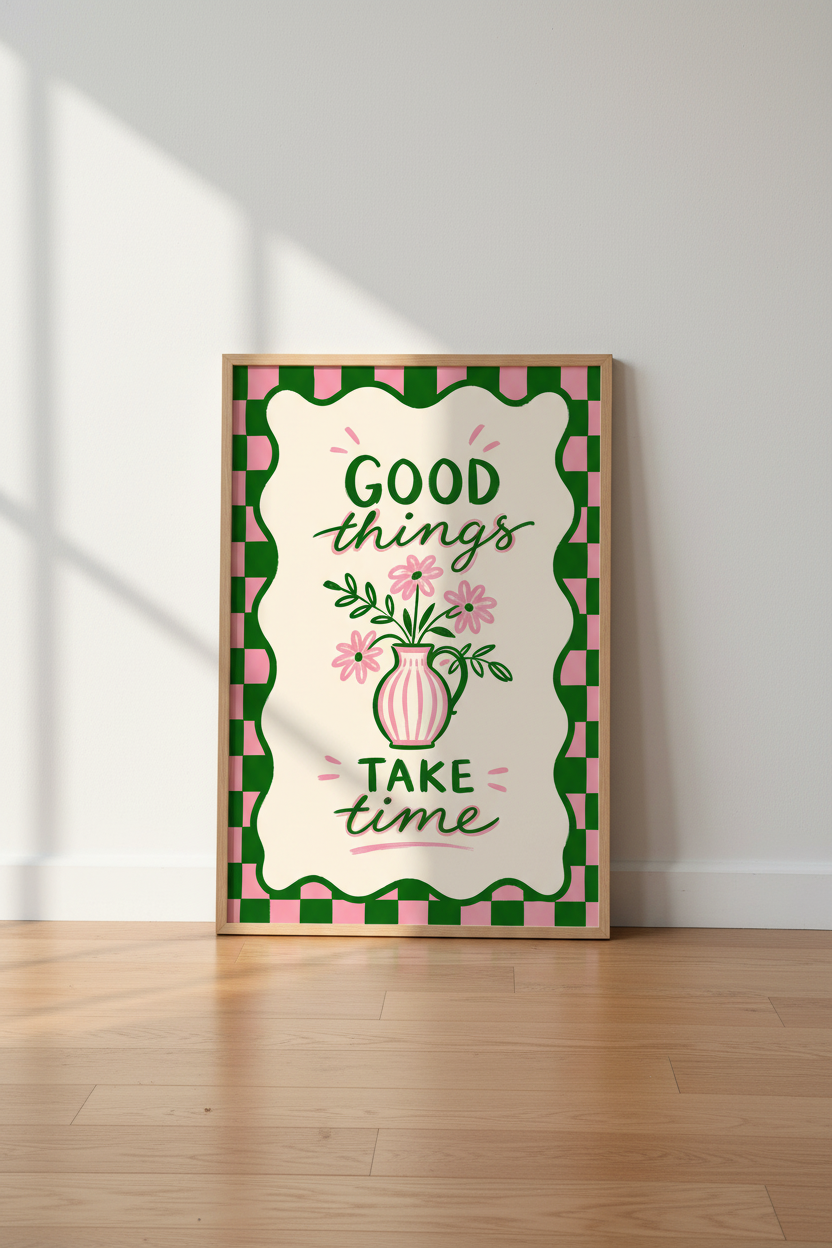 Preppy Danish Pastel Print | Pink and Green Flower Poster, Motivational Dorm Decor
