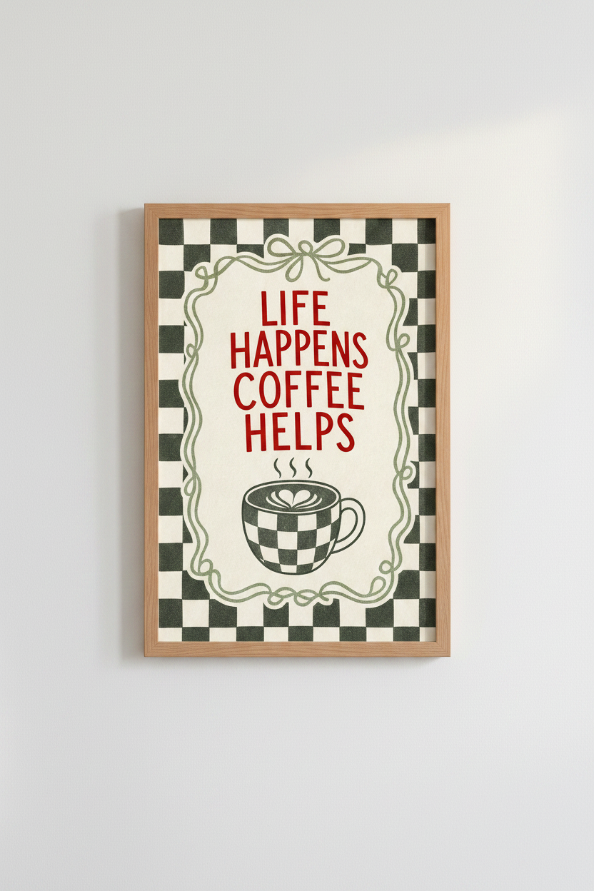 Life Happens Coffee Helps Art Print | Kitchen Decor | Retro Checkered Poster