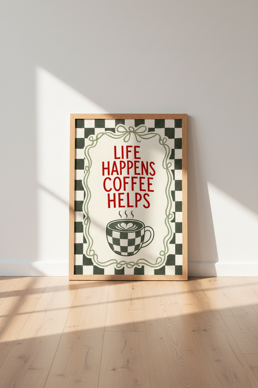 Life Happens Coffee Helps Art Print | Kitchen Decor | Retro Checkered Poster