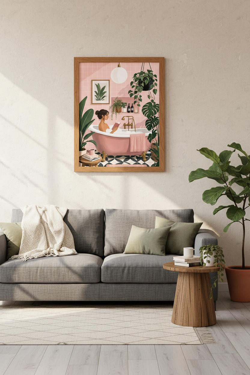 Woman in Bathtub Art | Pink Botanical Bathroom Decor, Self Care Poster Print