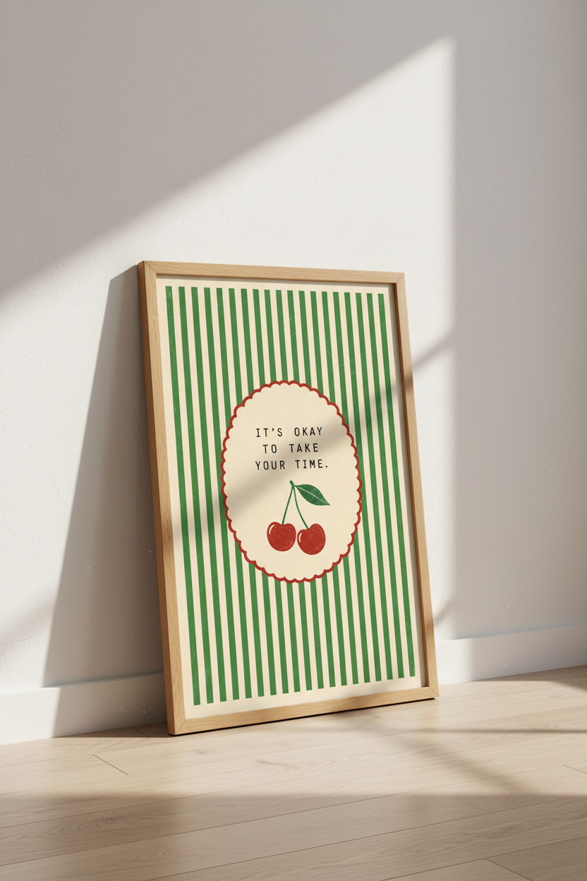 Retro Cherry Quote Wall Art | Green Striped Aesthetic Poster, Kitchen Decor