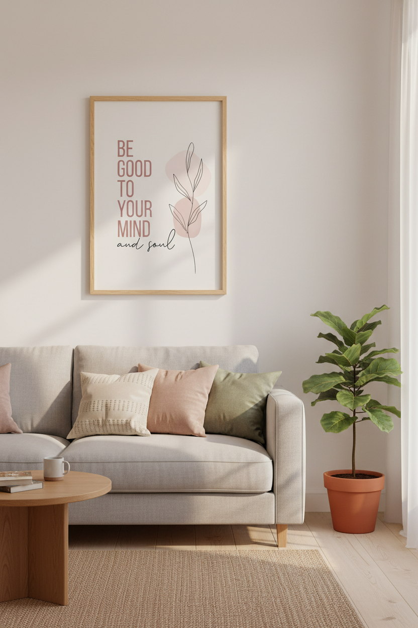 Mindful Soul Quote Wall Art | Blush Pink Botanical Decor | Minimalist Poster