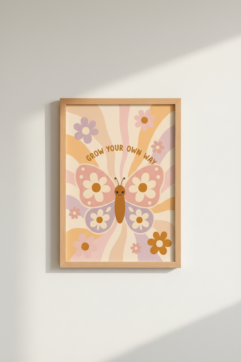 Butterfly Grow Your Own Way Art Print | Retro Pastel Nursery Decor | Groovy Poster