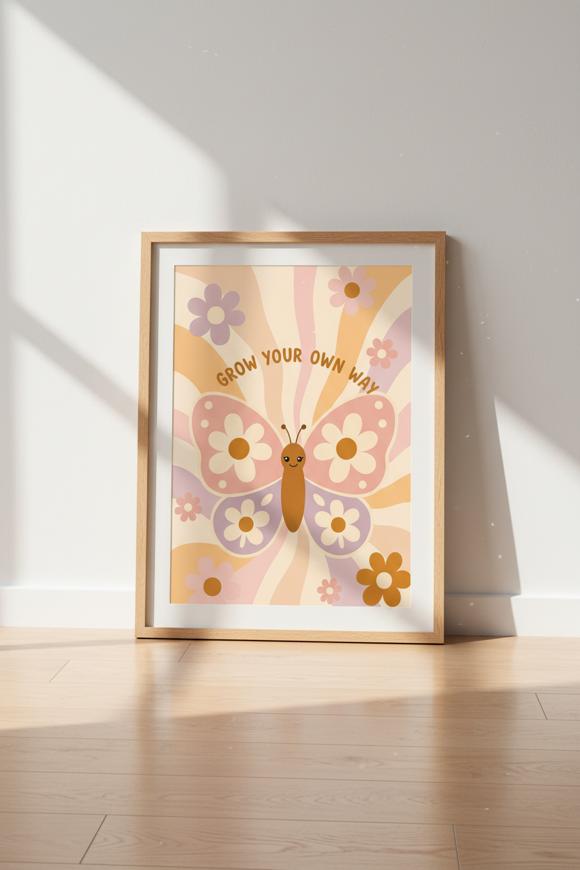 Butterfly Grow Your Own Way Art Print | Retro Pastel Nursery Decor | Groovy Poster