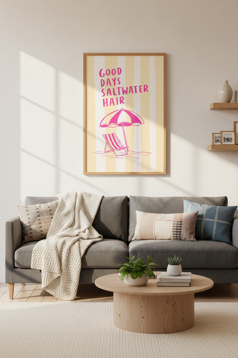 Coastal Beach Art Print | Pink Summer Quote Poster | Preppy Beach House Decor
