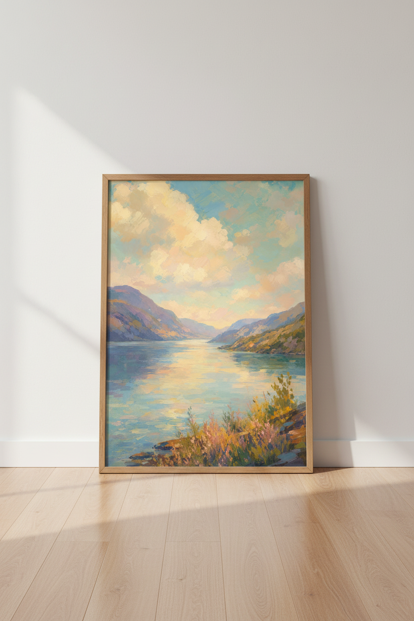 Mountain Lake Landscape | Impressionist Pastel Painting, Living Room Decor