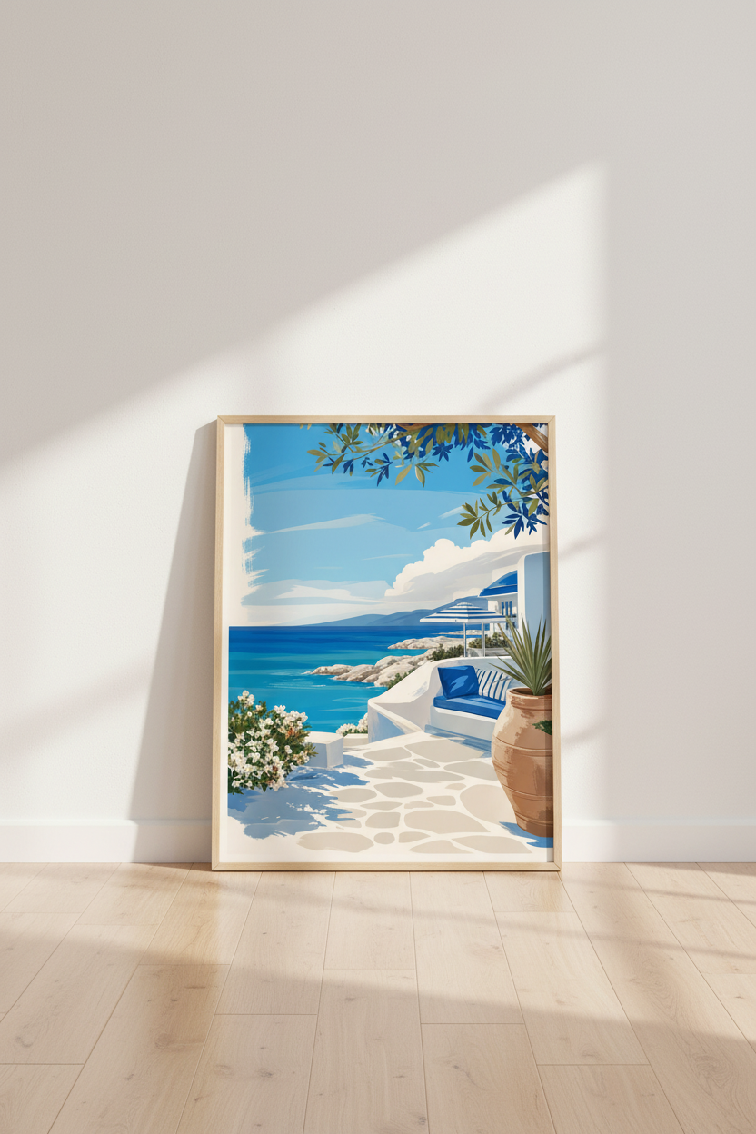 Santorini Greece Wall Art | Coastal Mediterranean Blue & White, Living Room Decor