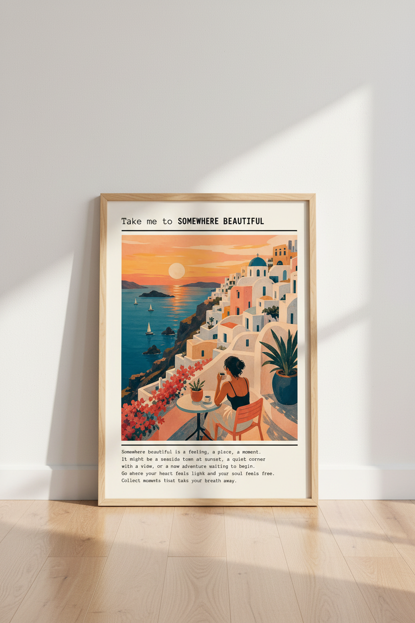 Santorini Greece Wall Art | Mediterranean Sunset Poster, Coastal Travel Decor