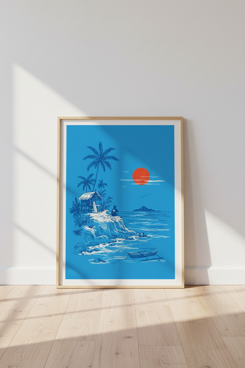 Surf Beach Sunset Wall Art | Tropical Blue & Red Decor | Island Life Poster