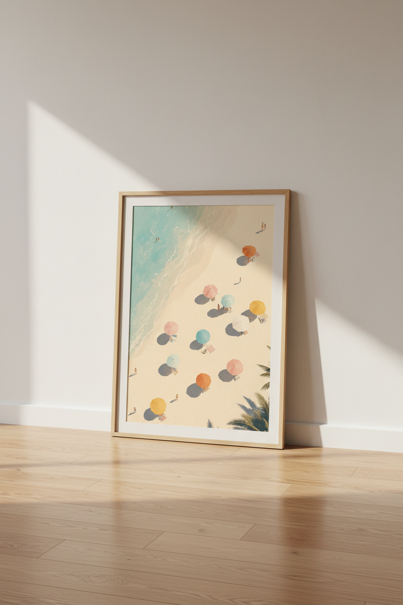 Aerial Beach Umbrella Wall Art | Pastel Coastal Decor | Minimalist Summer Poster Print