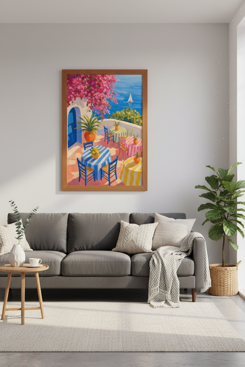 Greek Island Terrace Art | Mediterranean Coastal Decor | Blue Sea Poster