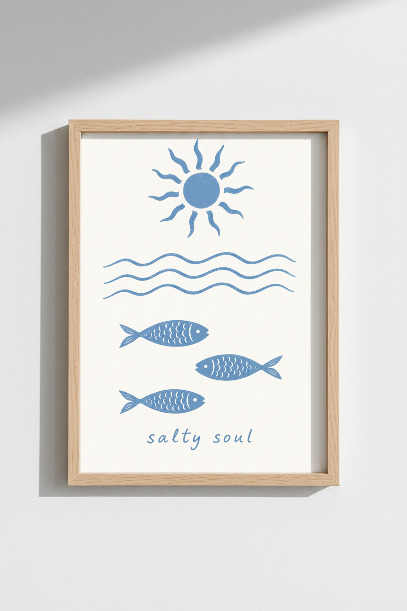 Coastal Blue Wall Art Print | Minimalist Fish & Sun Poster, Beach House Decor