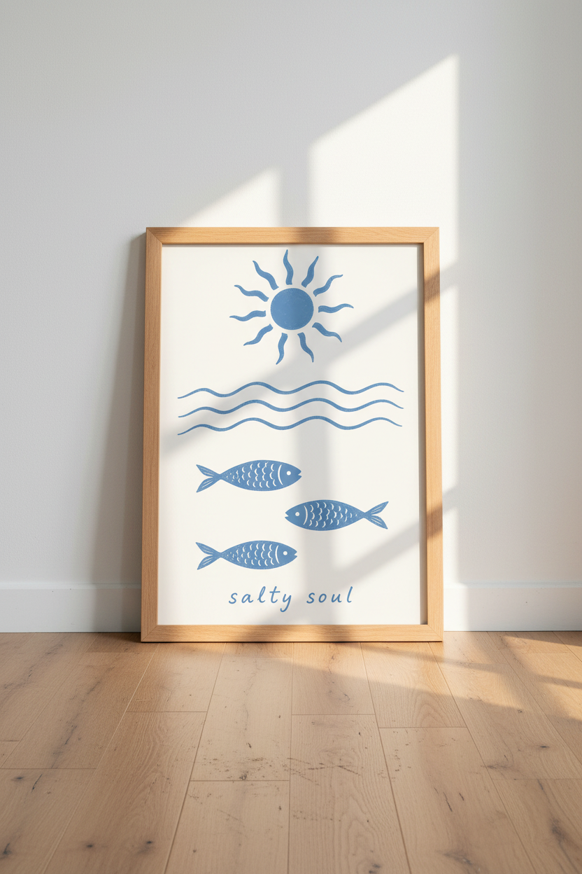 Coastal Blue Wall Art Print | Minimalist Fish & Sun Poster, Beach House Decor