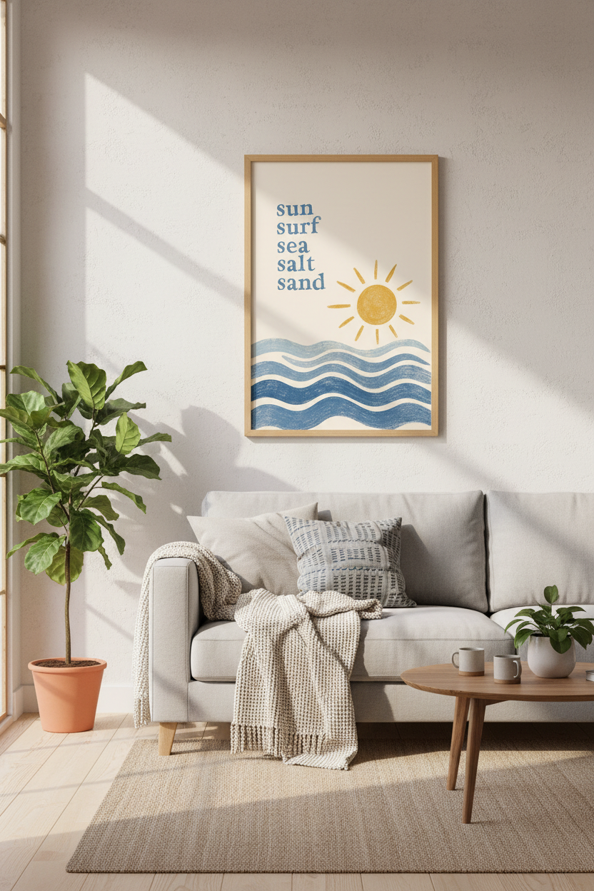 Coastal Beach Wall Art | Minimalist Sun & Waves Print | Modern Beach House Decor