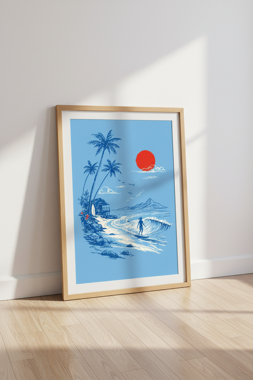 Retro Surf Beach Wall Art | Tropical Coastal Decor | Blue & Red Minimalist Poster