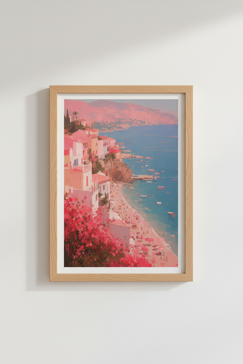 Pastel Coastal Wall Art Print | Italian Riviera Decor | Pink Beach Poster