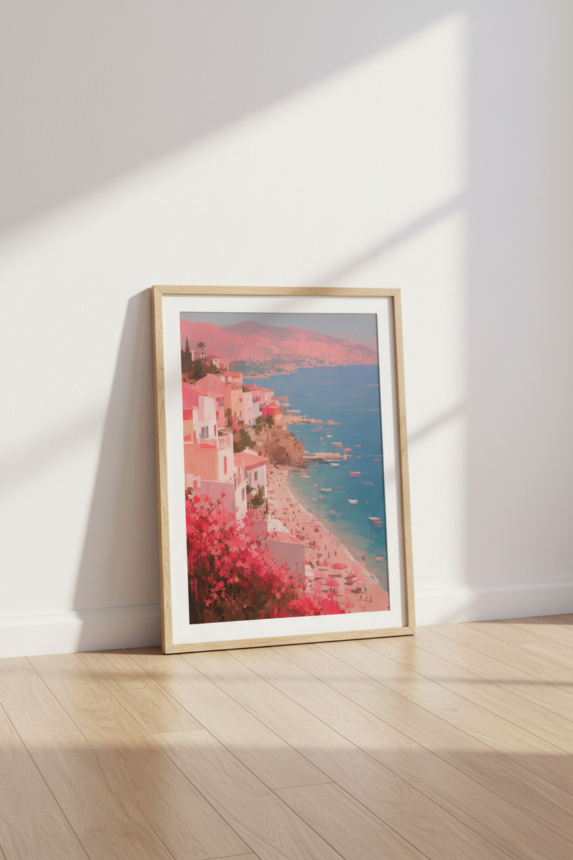Pastel Coastal Wall Art Print | Italian Riviera Decor | Pink Beach Poster