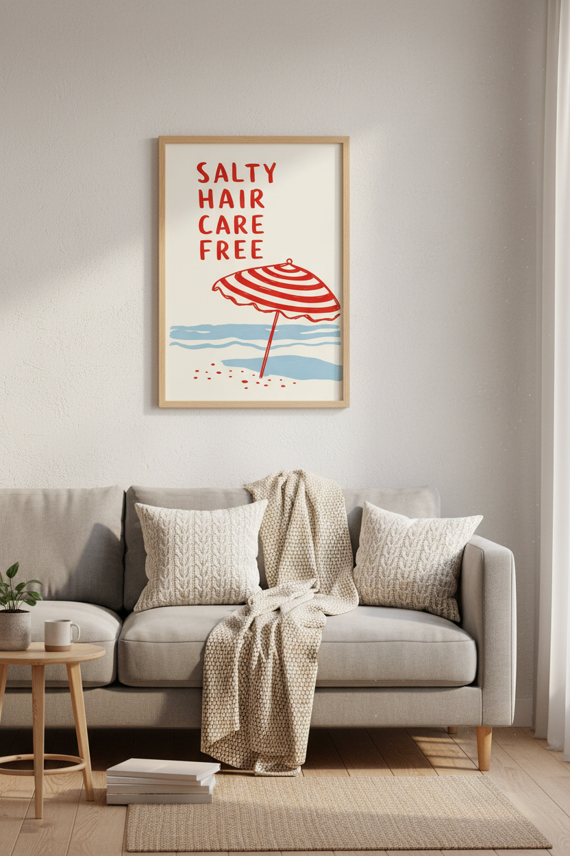 Coastal Beach Wall Art | Red Umbrella Quote Poster, Summer Nautical Decor