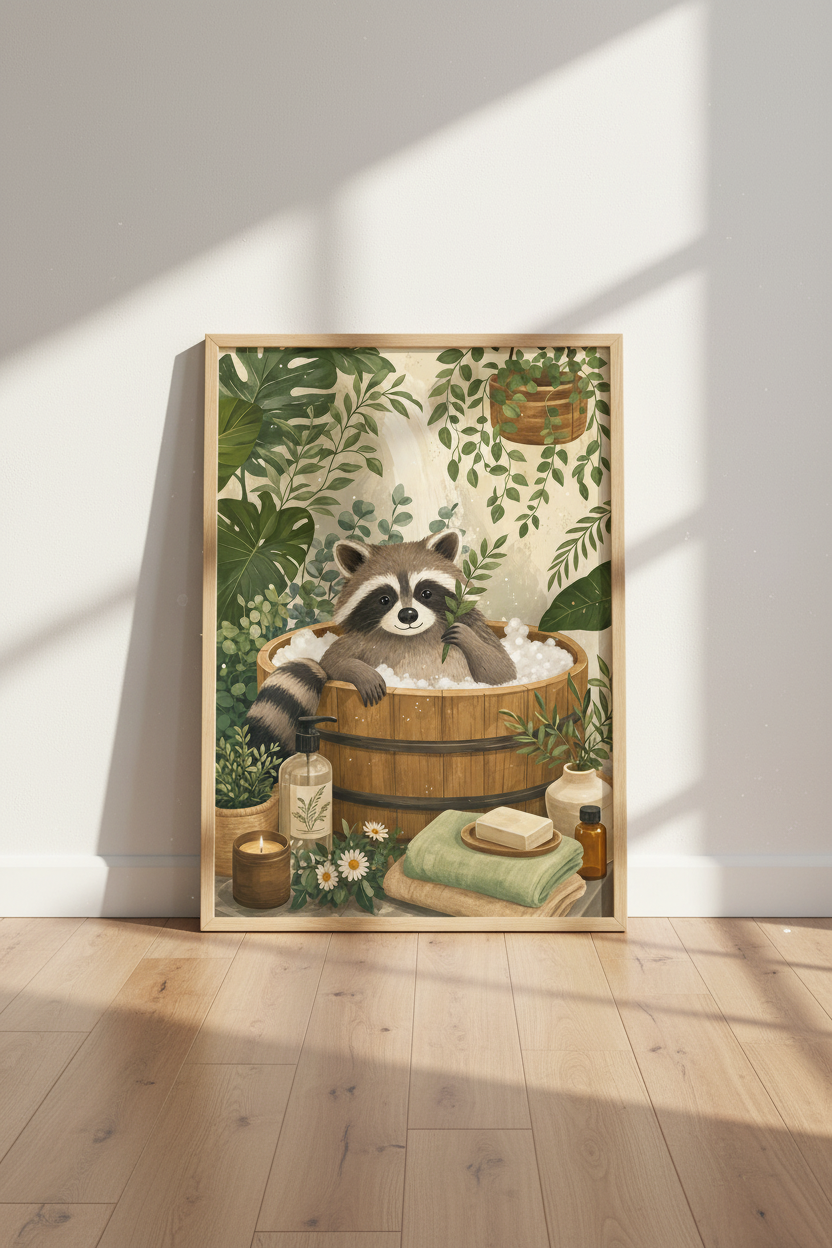 Raccoon in Bathtub Wall Art | Botanical Bathroom Decor | Whimsical Animal Poster