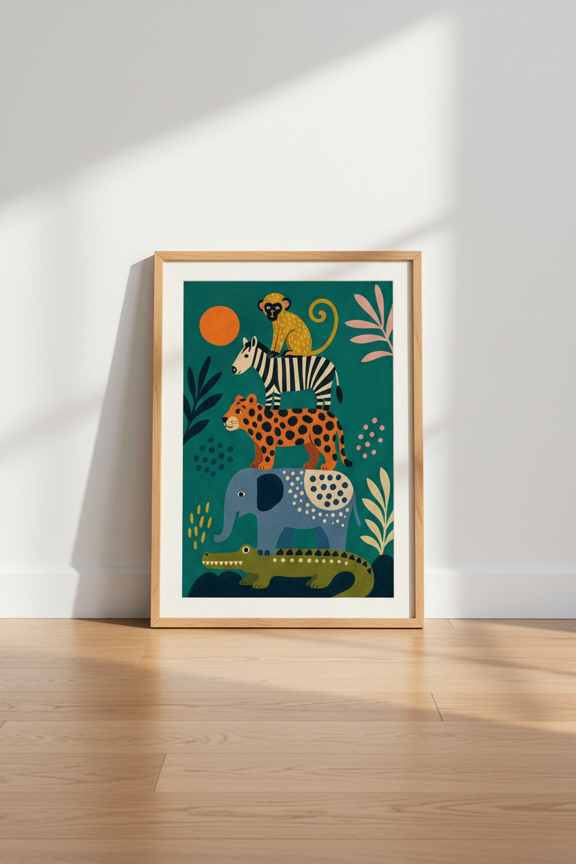 Safari Animal Stack Print | Colorful Jungle Nursery Decor | Boho Folk Art Poster