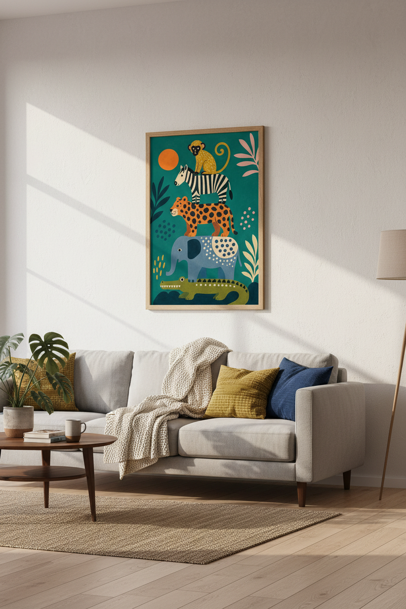 Safari Animal Stack Print | Colorful Jungle Nursery Decor | Boho Folk Art Poster