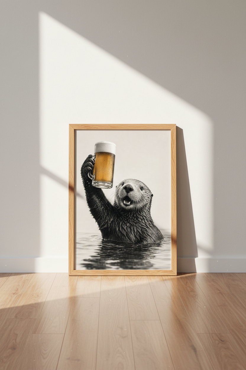 Otter Drinking Beer Wall Art | Funny Bar Decor | Whimsical Animal Poster