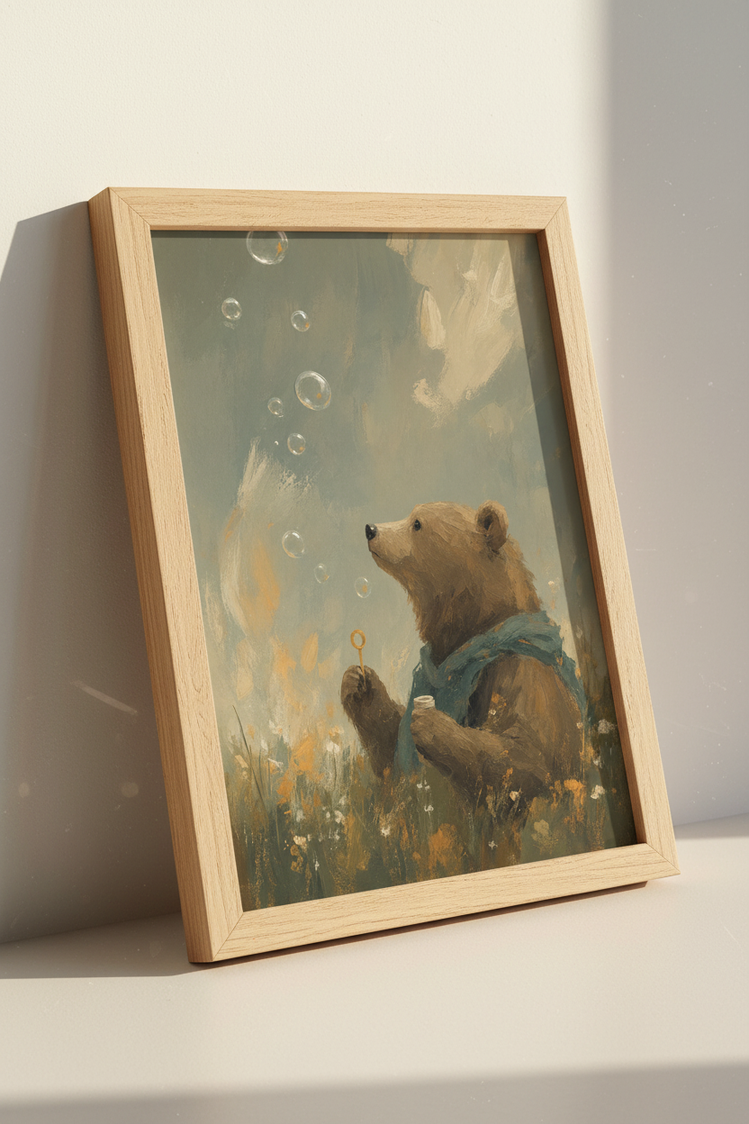 Whimsical Bear Bubbles Wall Art | Nursery Decor | Impressionist Animal Poster