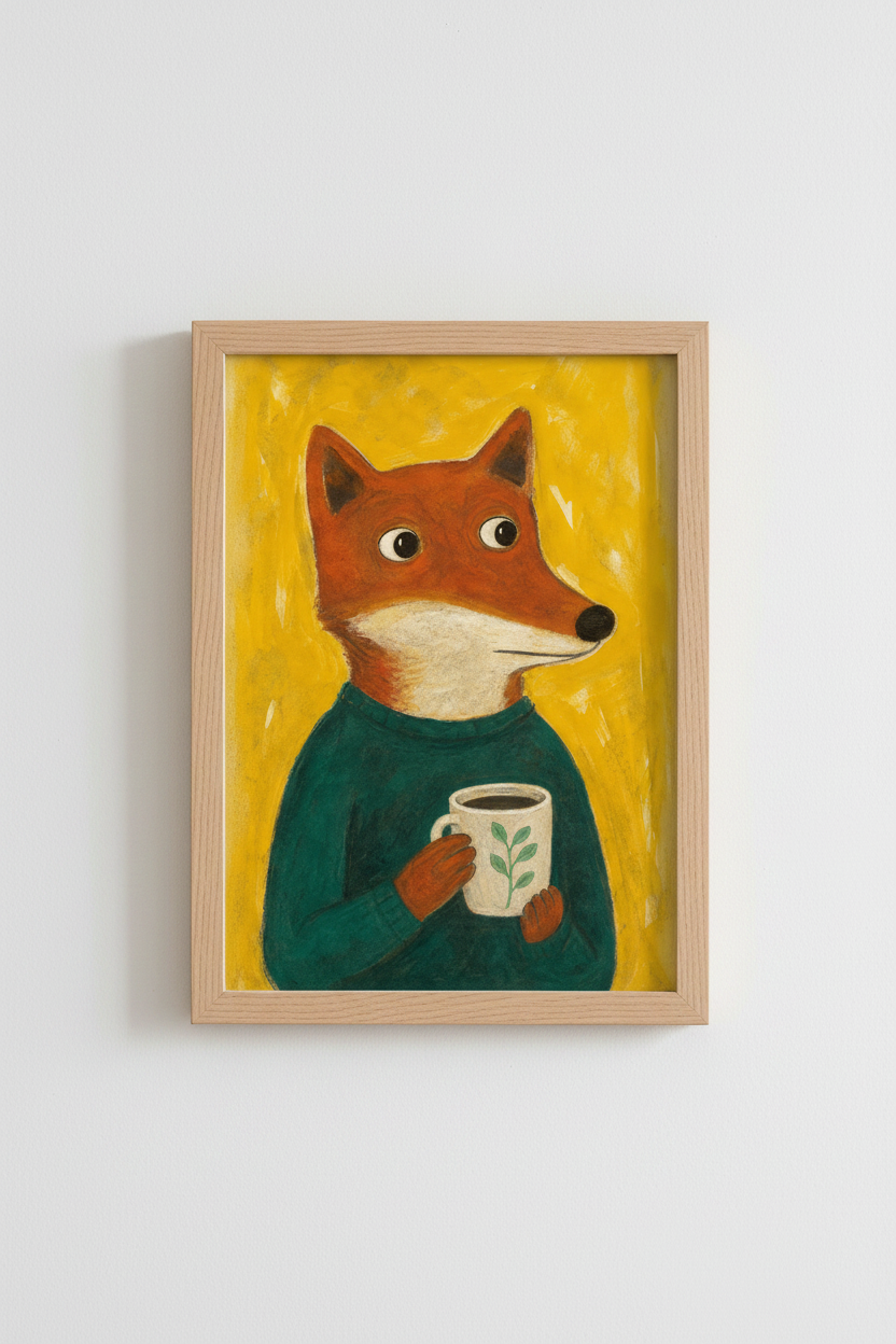 Fox Wall Art | Whimsical Coffee Creature Illustration, Sunny Living Room Decor