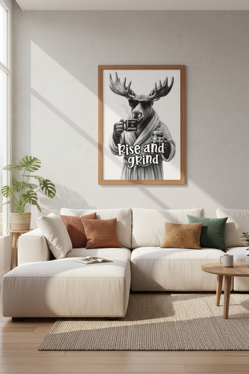 Funny Moose Coffee Wall Art | Rise and Grind Black and White Print, Kitchen Decor