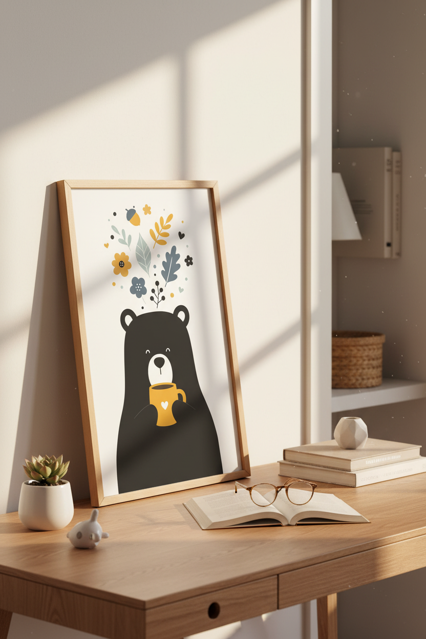 Cute Bear Wall Art | Playful Minimalist Black & Yellow, Living Room Decor